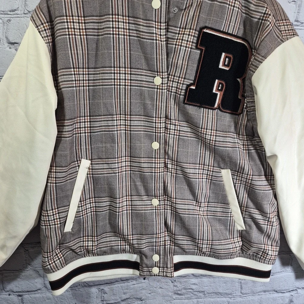 H&M DIVIDED Varsity Jacket Snap Up Brown Beige Plaid‎ Womens XS Preppy Casual